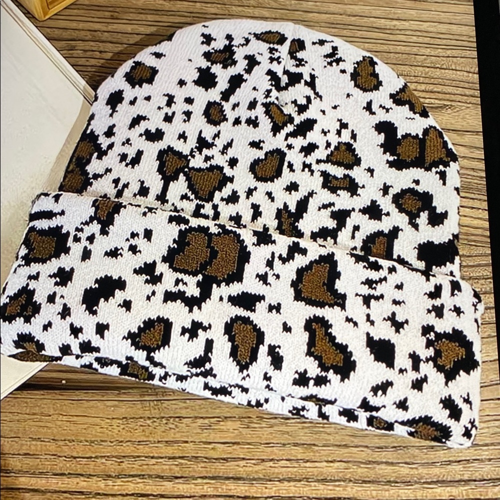 Leopard Print Adult Beanie - Brown and White
